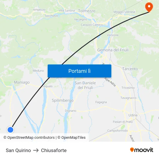 San Quirino to Chiusaforte map