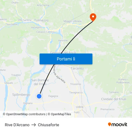 Rive D'Arcano to Chiusaforte map
