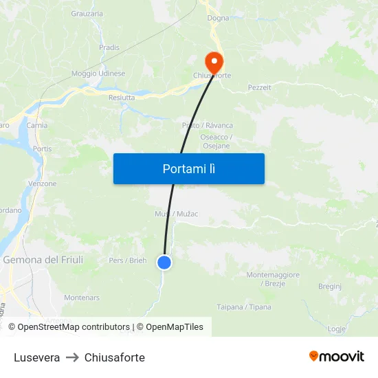 Lusevera to Chiusaforte map