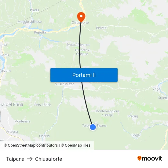 Taipana to Chiusaforte map