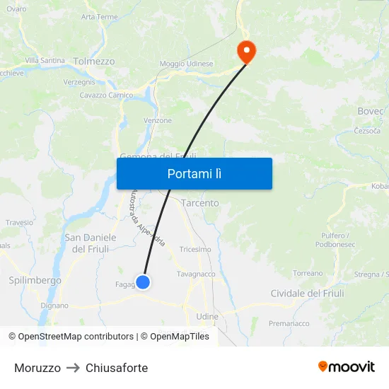 Moruzzo to Chiusaforte map