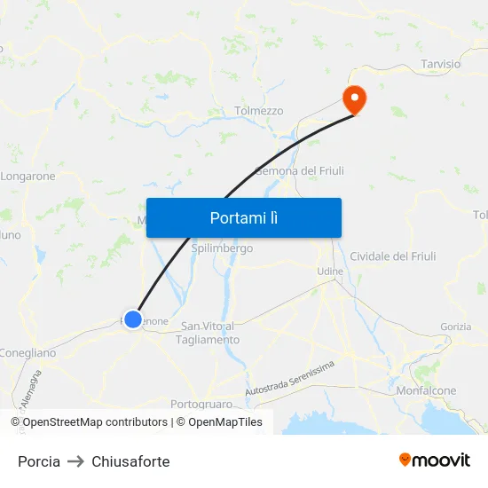 Porcia to Chiusaforte map