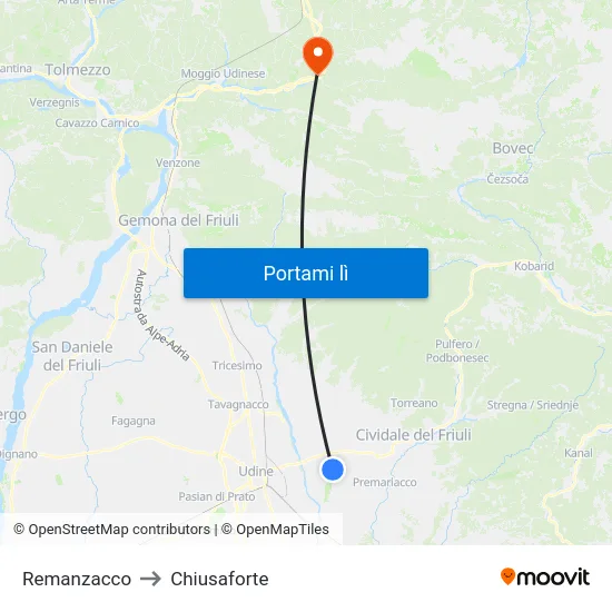 Remanzacco to Chiusaforte map