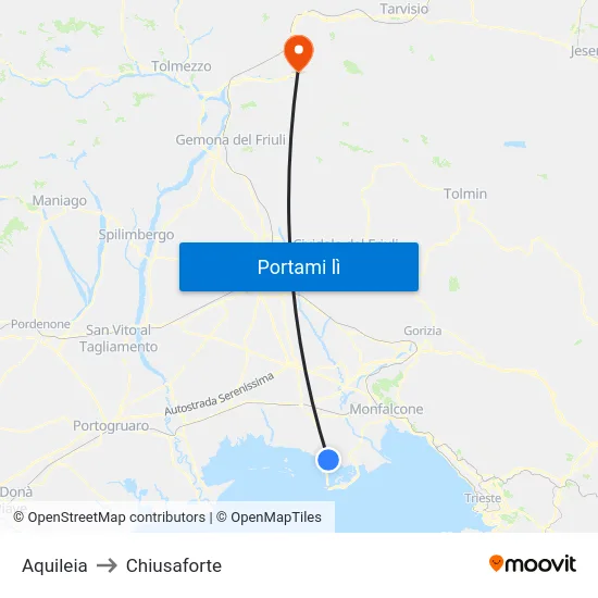 Aquileia to Chiusaforte map
