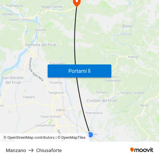 Manzano to Chiusaforte map