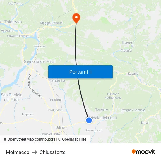 Moimacco to Chiusaforte map