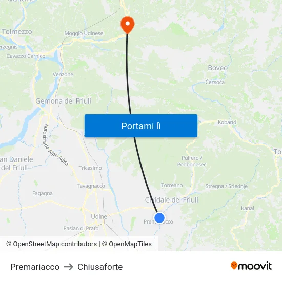 Premariacco to Chiusaforte map