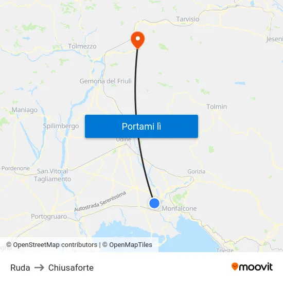 Ruda to Chiusaforte map