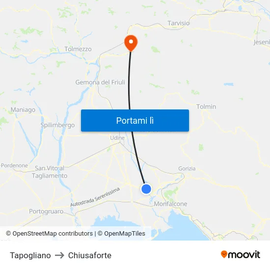 Tapogliano to Chiusaforte map
