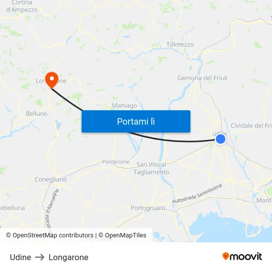 Udine to Longarone map