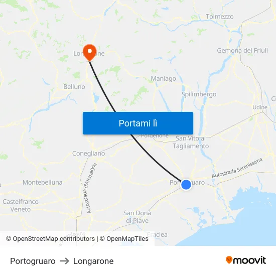 Portogruaro to Longarone map