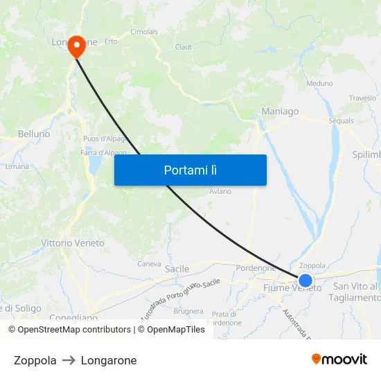 Zoppola to Longarone map