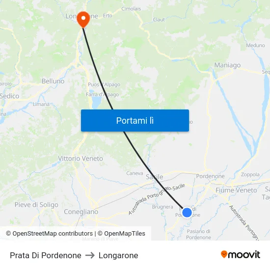 Prata Di Pordenone to Longarone map