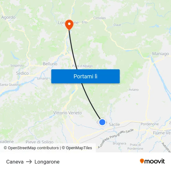 Caneva to Longarone map