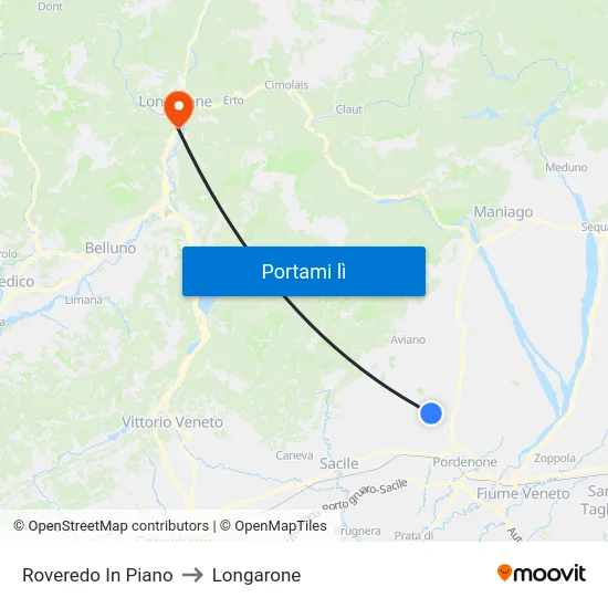 Roveredo In Piano to Longarone map