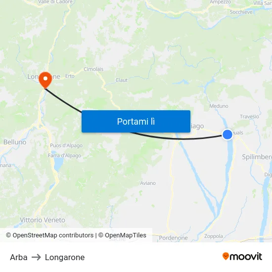 Arba to Longarone map