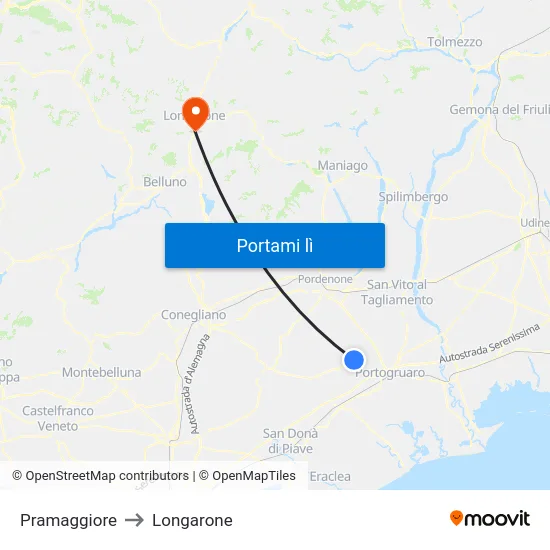 Pramaggiore to Longarone map