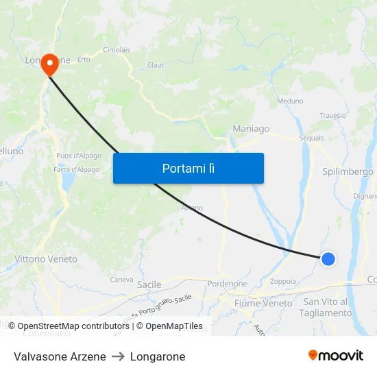 Valvasone Arzene to Longarone map