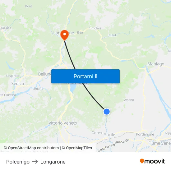 Polcenigo to Longarone map