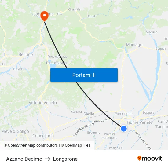 Azzano Decimo to Longarone map