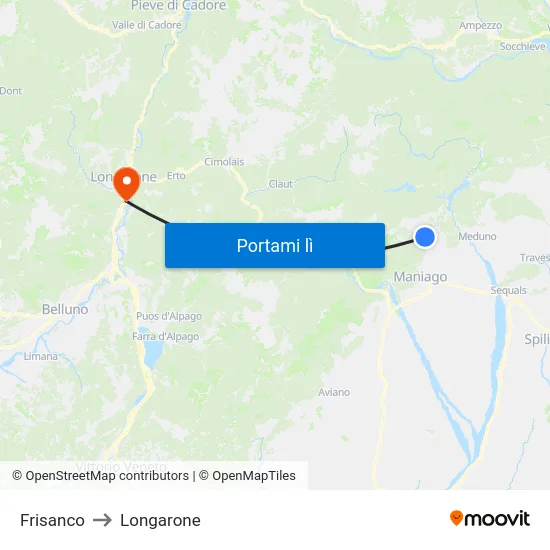Frisanco to Longarone map