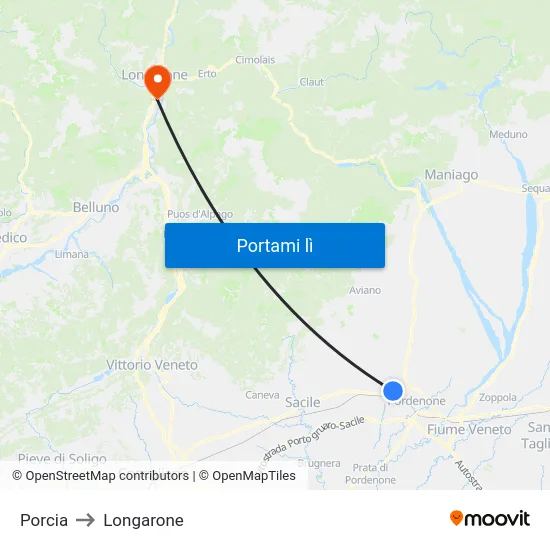 Porcia to Longarone map