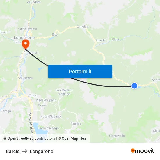 Barcis to Longarone map