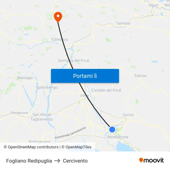 Fogliano Redipuglia to Cercivento map