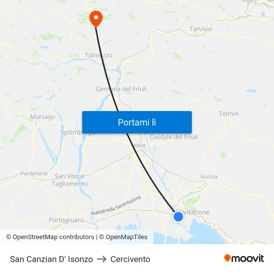 San Canzian D' Isonzo to Cercivento map