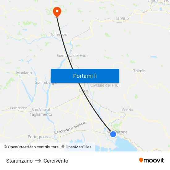 Staranzano to Cercivento map