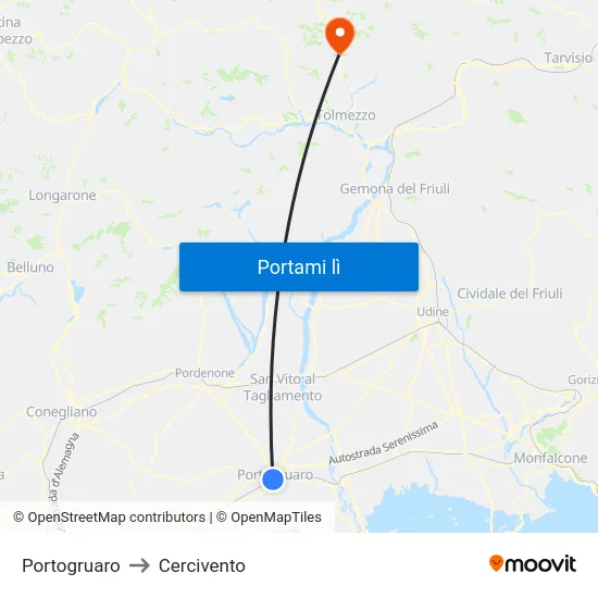 Portogruaro to Cercivento map