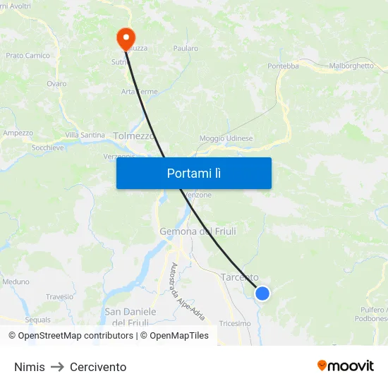 Nimis to Cercivento map