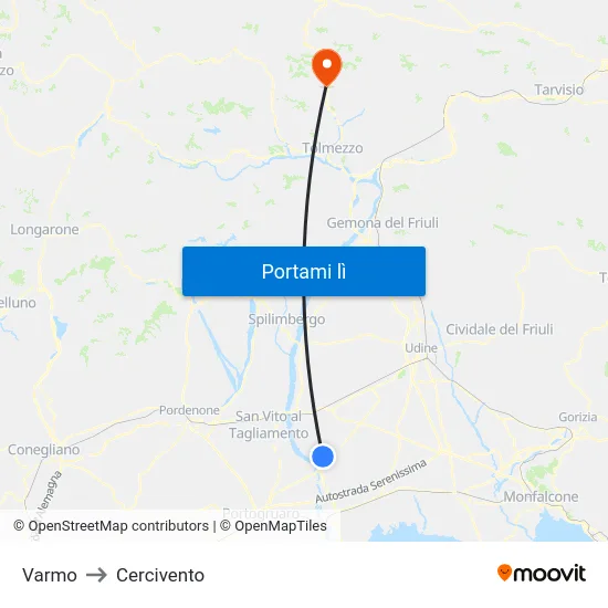 Varmo to Cercivento map