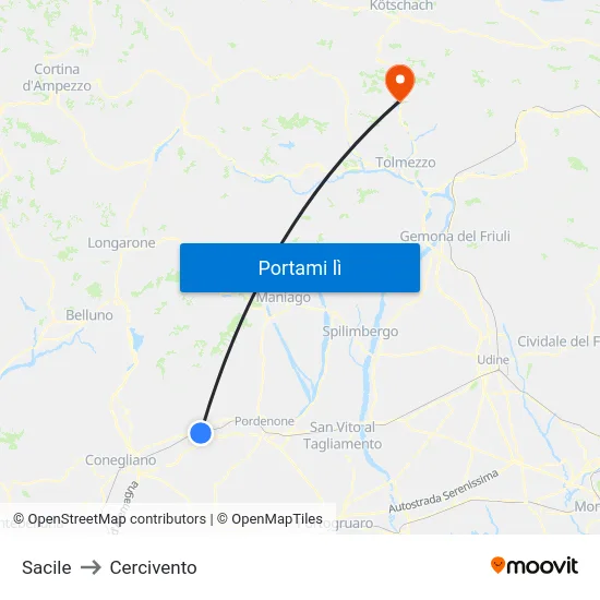Sacile to Cercivento map