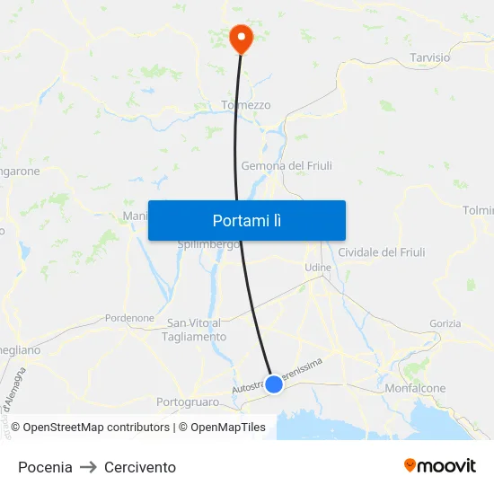 Pocenia to Cercivento map