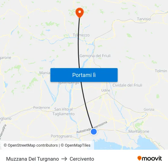 Muzzana Del Turgnano to Cercivento map