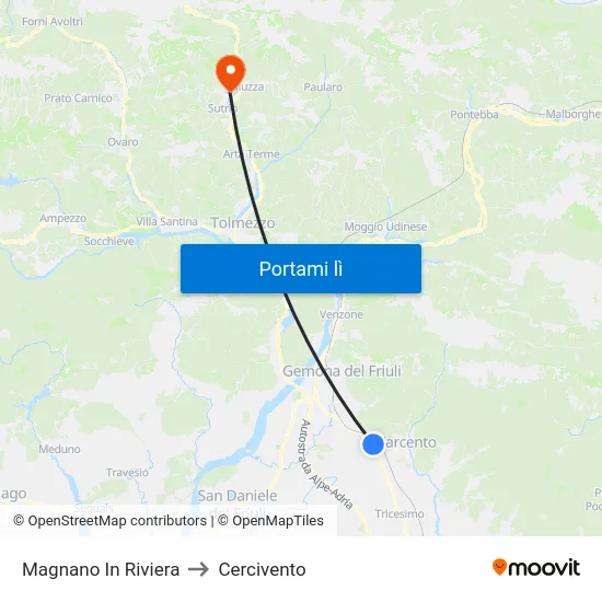 Magnano In Riviera to Cercivento map