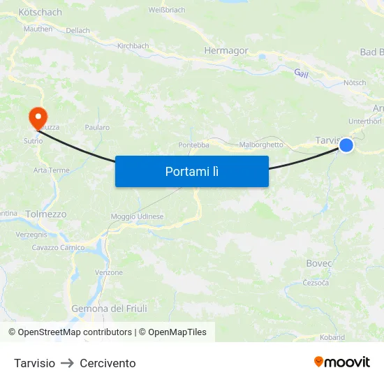 Tarvisio to Cercivento map