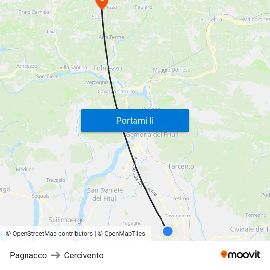 Pagnacco to Cercivento map