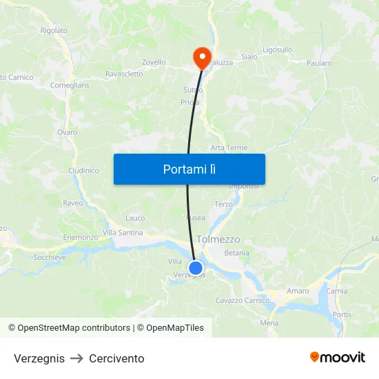 Verzegnis to Cercivento map