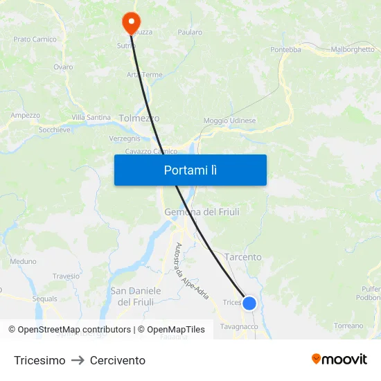 Tricesimo to Cercivento map