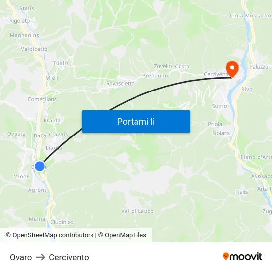 Ovaro to Cercivento map