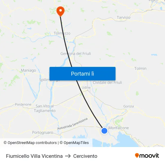 Fiumicello Villa Vicentina to Cercivento map