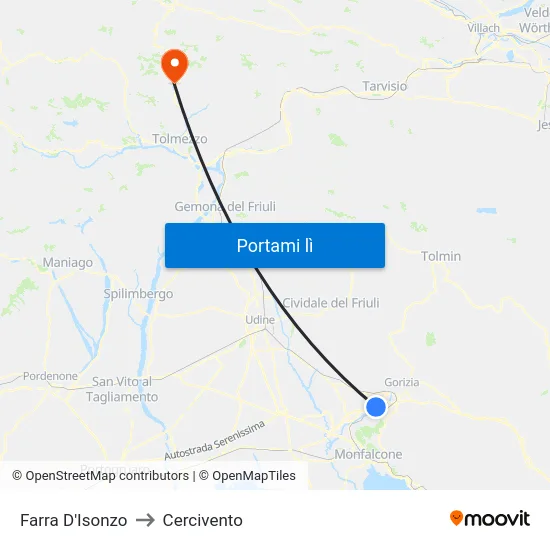 Farra D'Isonzo to Cercivento map