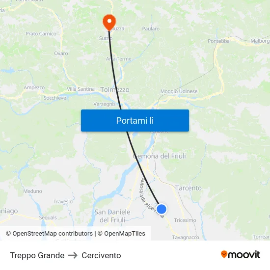 Treppo Grande to Cercivento map
