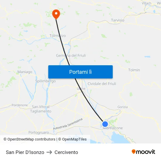 San Pier D'Isonzo to Cercivento map
