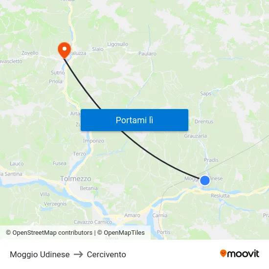 Moggio Udinese to Cercivento map