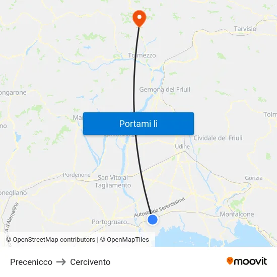 Precenicco to Cercivento map