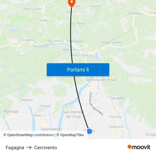 Fagagna to Cercivento map