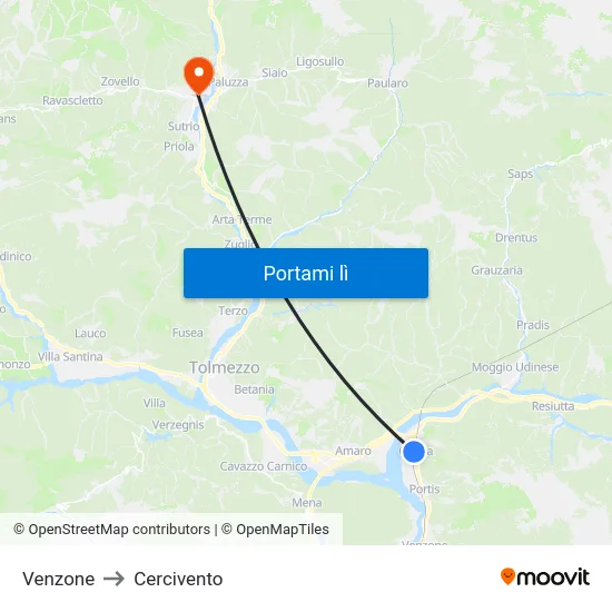 Venzone to Cercivento map